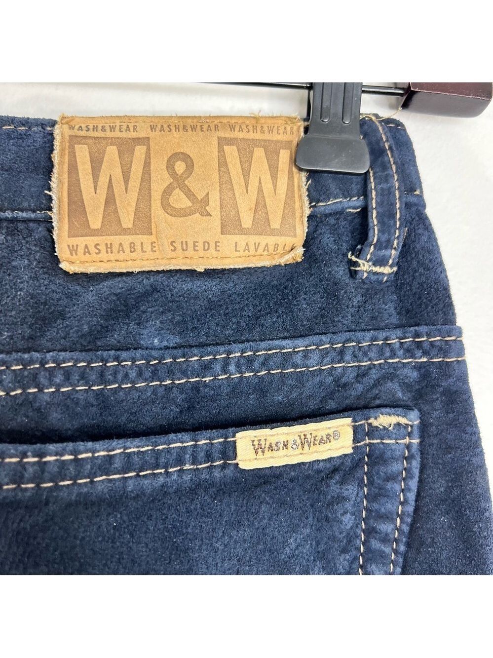 Vintage 80s 90s Wash & Wear genuine suede dark blue high rise slim fit pants 24 - Picture 12 of 15